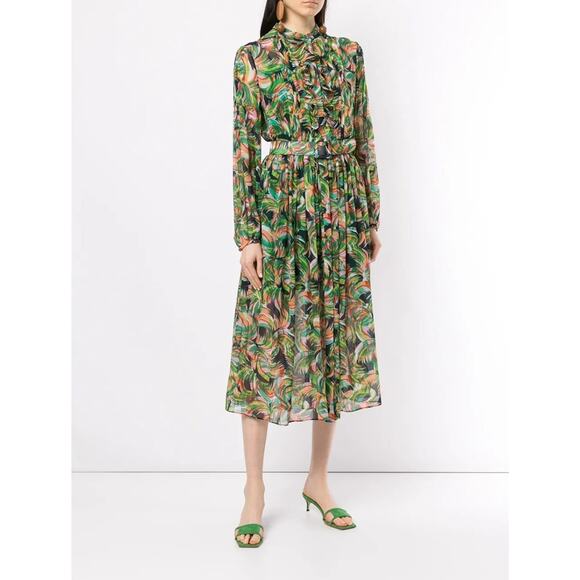 SALONI Raquel Silk Chiffon Belted Midi Dress Jade Palmier Saks 8 NWT $815 - Picture 1 of 15